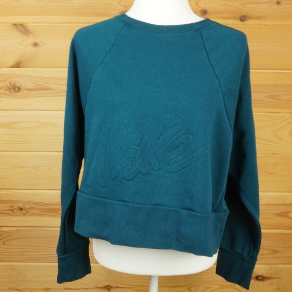 Nike Yoga Lux Teal Dri Fit Cropped Pullover‎ Fleece Crew Sweatshirt Size Large